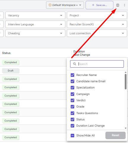 Column management panel