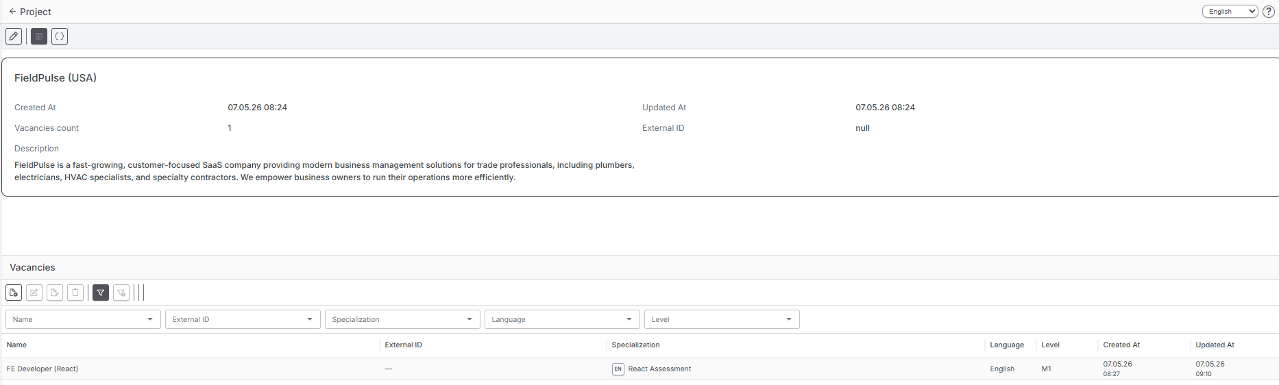 Project page and linked vacancies