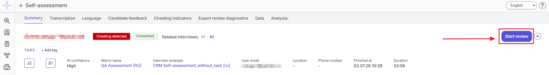The Start review button in completed interview results