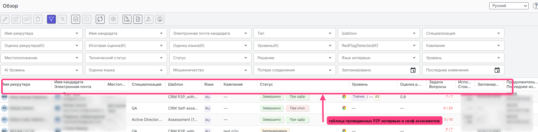 Раздел Обзор с таблицей интервью